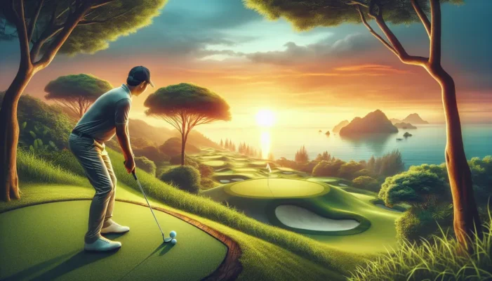 Golfer putting with an ocean backdrop at sunset.