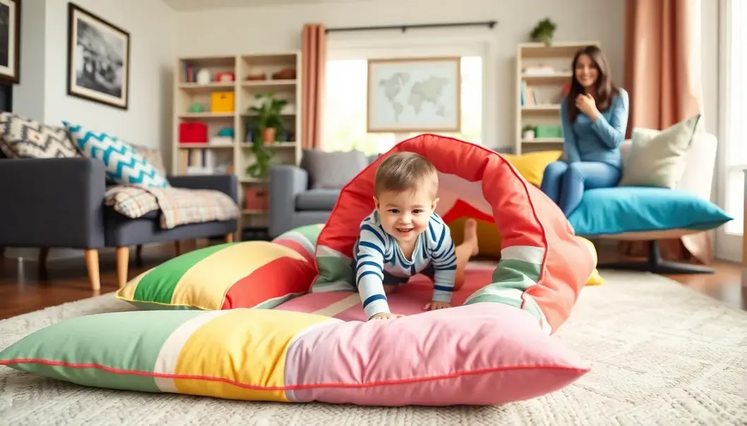A vibrant indoor obstacle course for toddlers, designed with pillows and blankets.