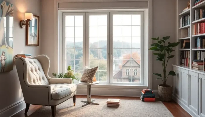 A cozy and elegant reading nook with an armchair, books, and soft lighting by a window.