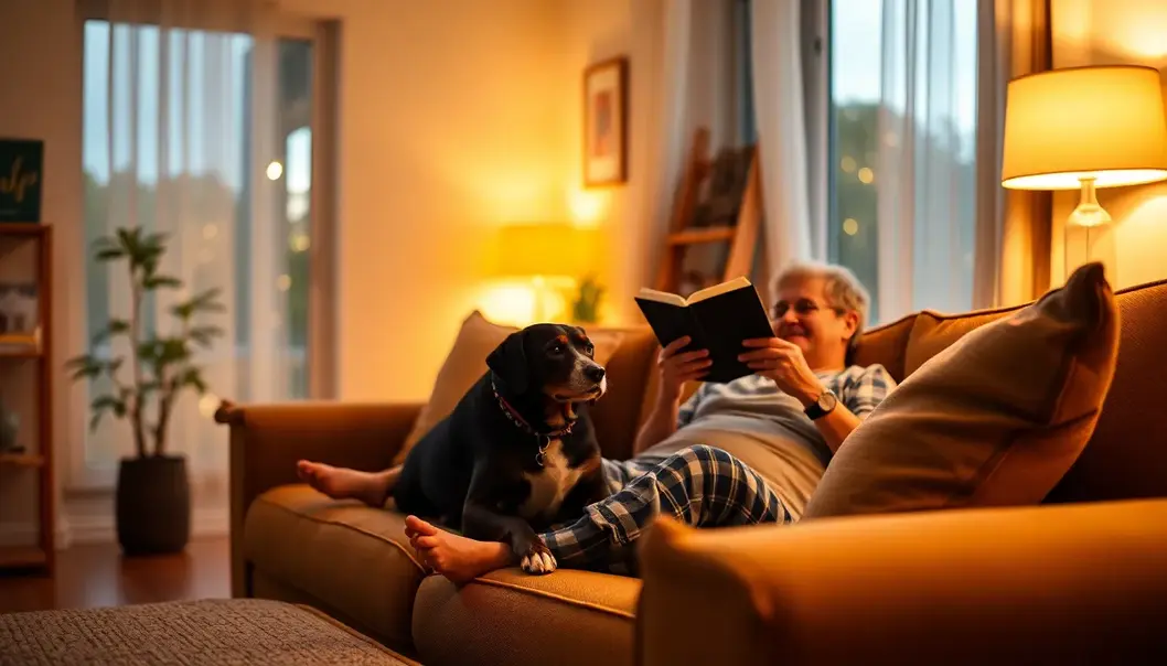 A living room with warm lighting creating a cozy atmosphere for both the dog and owner.