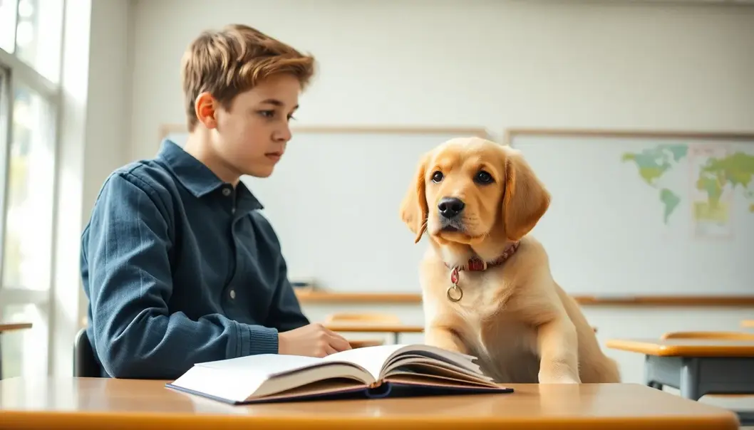 A student and a puppy, both learning and curious, exploring understanding together.