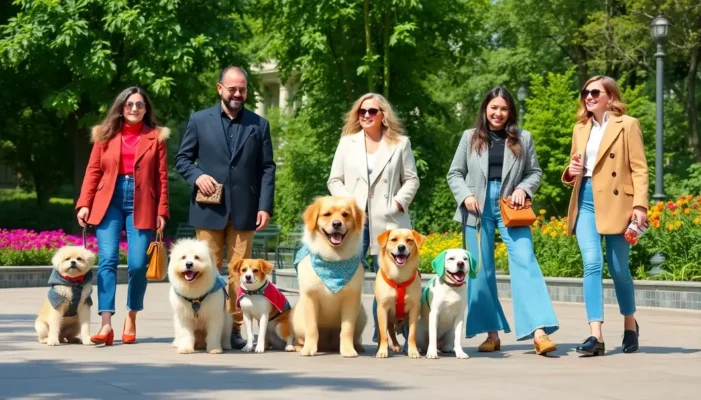 Pet owners with their stylishly dressed pets in a city park, showcasing 2025 fashion trends.