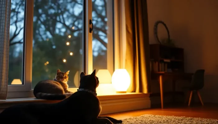 A warm home interior with ambient and task lighting, showing pets relaxing in the space.