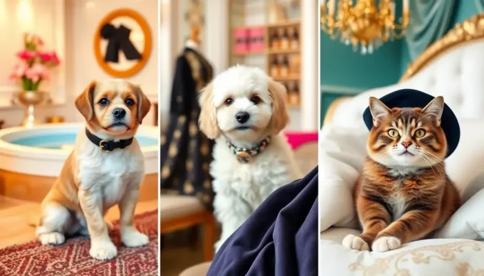 Montage of luxurious pet services including a spa and fashion show.