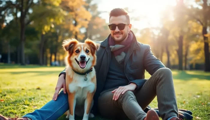 A man and his dog in a park, showcasing seasonal fashion options.