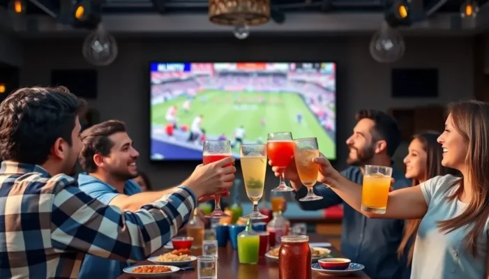People toasting non-alcoholic drinks at a sports party.