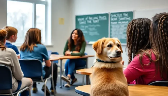 Students engaged in discussion in a classroom with a service dog present, symbolizing critical thinking in a supportive setting.