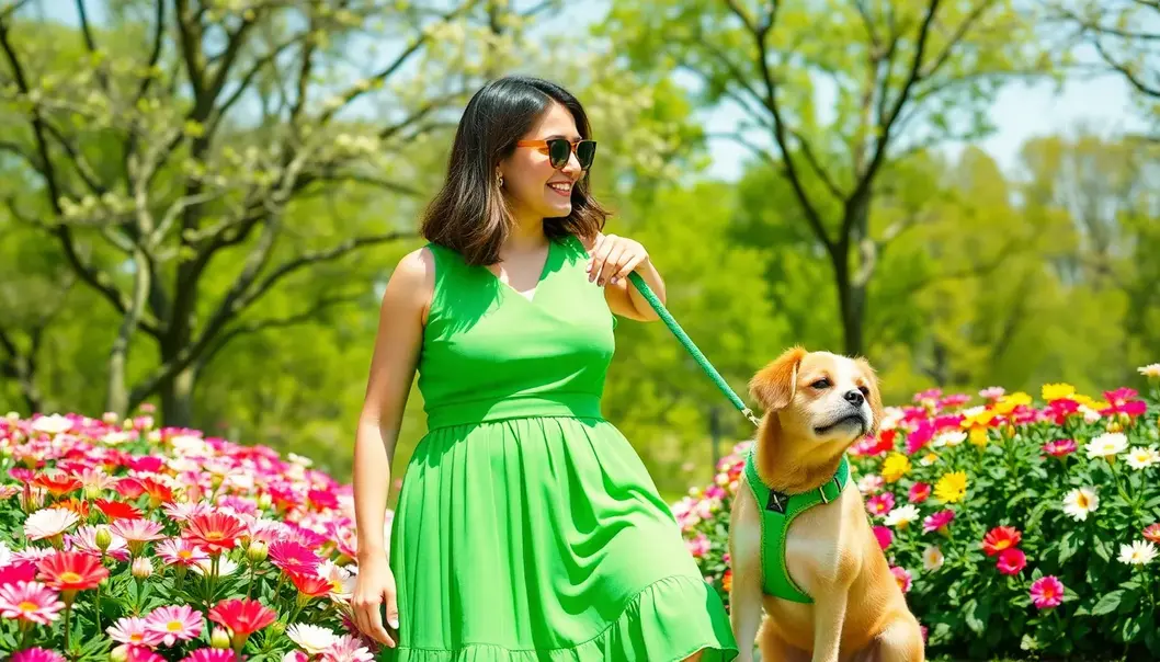 Pet owners delight in matching vibrant hues and eco-friendly textures for a fashionable walk.