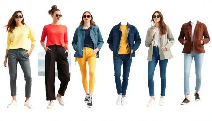 Collage of casual outfits including activewear and smart-casual pieces for weekends.