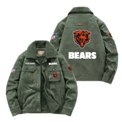 Chicago Bears Fan Gift Padded Lapel Jacket, Jacket All Over Print For NFL Lovers, Custom Name G1A072025ChB001 - Army Green