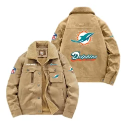 Miami Dolphins Fan Gift Padded Lapel Jacket, Jacket All Over Print For NFL Lovers, Custom Name G1A072025MD001 - Khaki