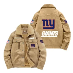 New York Giants Fan Gift Padded Lapel Jacket, Jacket All Over Print For NFL Lovers, Custom Name G1A072025NYG001 - Khaki