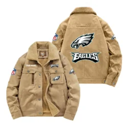 Philadelphia Eagles Fan Gift Padded Lapel Jacket, Jacket All Over Print For NFL Lovers, Custom Name G1A072025PE001 - Khaki