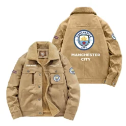 Manchester City Fan Gift Padded Lapel Jacket, Jacket All Over Print For NFL Lovers, Custom Name G1A082025MC001 - Khaki