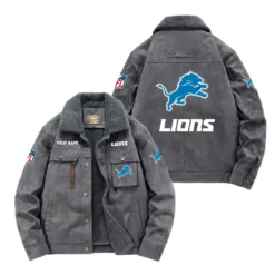 Detroit Lions Fan Gift Padded Lapel Jacket, Jacket All Over Print For NFL Lovers, Custom Name G1A072025DL001 - Gray